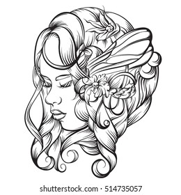 Vector hand drawn illustration of young lady with flowers and wings. Artwork in line style. Template for card banner poster print for t-shirt