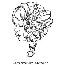 Vector hand drawn illustration of young lady with flowers and wings. Artwork in line style. Template for card banner poster print for t-shirt