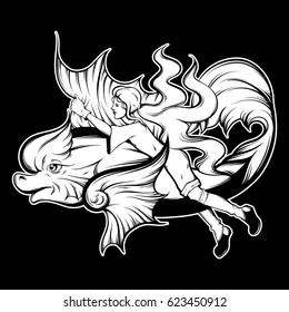 Vector hand drawn illustration of young girl with big fish. Tattoo artwork. Template for card, poster, banner, print for t-shirt. 
