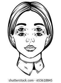 Vector hand drawn illustration of young pretty girl with four eyes. Tattoo hand sketched artwork.  Template for card, poster, banner, print for t-shirt.