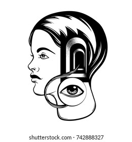 Vector hand drawn illustration of young girl with door in her head and human eye. Tattoo artwork with portrait. Template for card, poster, banner, print for t-shirt.