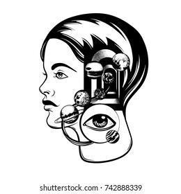 Vector hand drawn illustration of young girl with door in her head and human eye. Portrait with planets of Solar system. Template for card, poster, banner, print for t-shirt.