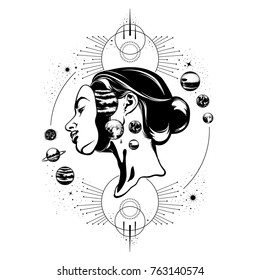 Vector hand drawn illustration of young beautiful woman,  geometrical composition and planets. Template for card, poster, banner, print for t-shirt.