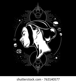 Vector hand drawn illustration of young beautiful woman,  geometrical composition and planets. Template for card, poster, banner, print for t-shirt.