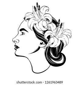 Vector hand drawn illustration of ypung woman with lily isolated . Creative tattoo artwork. Template for card, poster, banner, print for t-shirt, pin, badge, patch.