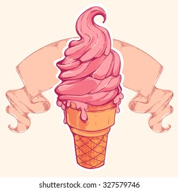 vector hand drawn illustration, yummy ice cream cone with ribbon on background, vintage retro label
