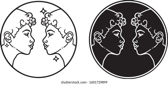 Vector hand drawn illustration of zodiac signs of Gemini. Flat style, isolated on white background.