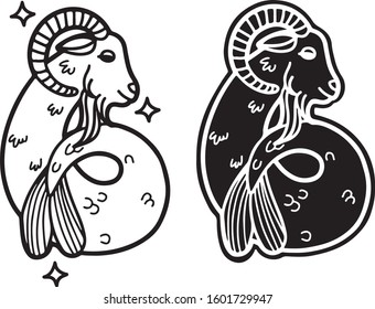 Vector hand drawn illustration of zodiac signs of Capricorn. Flat style, isolated on white background.