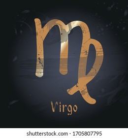 Vector hand drawn illustration of zodiac signs. Virgo. Emblem for design of astrology, numerology, constellations, horoscope, astronomy.  Poster, decorative elements, packaging, black background