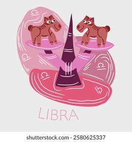 Vector, hand drawn illustration of zodiac signs. Libra sign. Two cute animals on scales. Zodiac signs, scales, hand drawing, color harmony