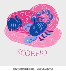 Vector, hand drawn illustration of zodiac signs. Scorpio sign. Scorpio in blue. Cute animal on the left. Color harmony, abstract hand drawing. Horoscope, birth, nature.