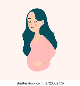 Vector hand drawn illustration.A pregnant woman is expecting a baby. Smiling expectant mother.