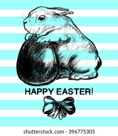 Vector hand drawn illustration/card with a bunny hugging an egg and a bow