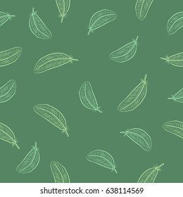 Vector hand drawn illustration.Doodle seamless pattern with feathers in bohemian style.