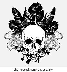 Vector hand drawn illustrationof human skull with palm leaves, flowers and feathers . Creative tattoo artwork.Template for card, poster. banner, print for t-shirt, pin, badge, patch.