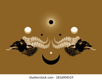 Vector hand drawn illustrations of antique goat with horns. Creative tattoo artwork. Template for card, poster, banner, print for t-shirt, pin, badge, patch.