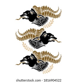 Vector hand drawn illustrations of antique goat with horns. Creative tattoo artwork. Template for card, poster, banner, print for t-shirt, pin, badge, patch.