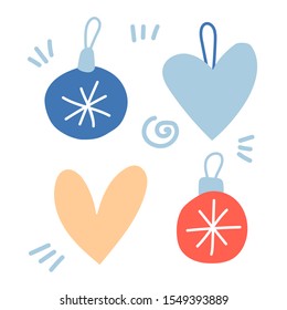 Vector hand drawn illustrations of Christmas toys and balls for the design of cards, posters, gift wrapping.