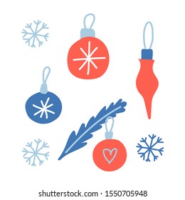 Vector hand drawn illustrations of Christmas toys and balls for the design of cards, posters, gift wrapping. Round Christmas toys with cute snowflakes.