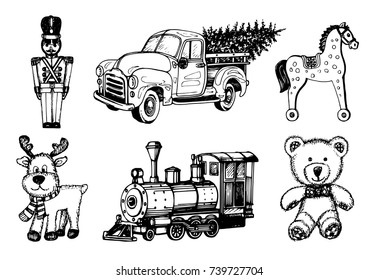 Vector hand drawn illustrations of Christmas toys on white background. New Year images for greeting card, poster etc.