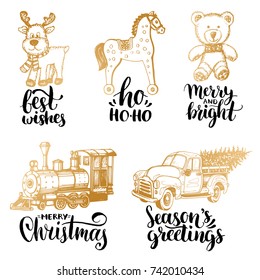 Vector hand drawn illustrations of Christmas toys. Nativity lettering on white background. New Year images for greeting card, poster etc.