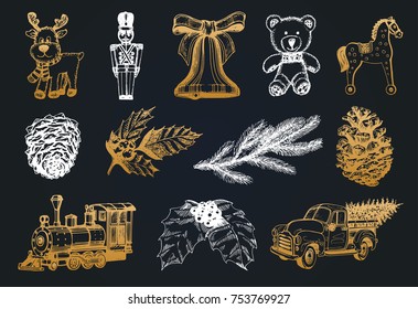 Vector hand drawn illustrations of Christmas toys and Nativity symbols on black background. New Year images for greeting card, poster etc.