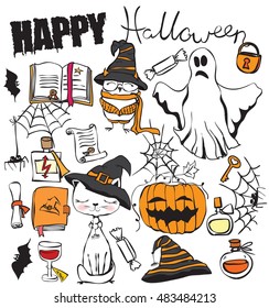 Vector hand drawn illustrations collection of Halloween party .  