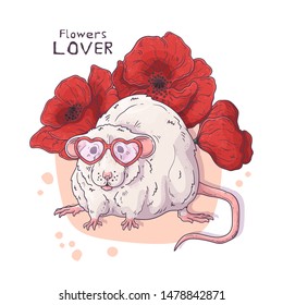 Vector hand drawn illustrations. Cute realistic rat with flowers. Each object can be changed and moved for your design.