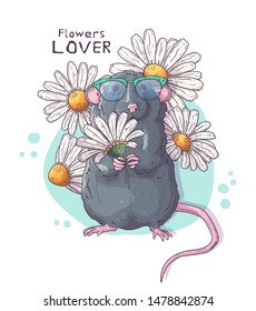 Vector hand drawn illustrations. Cute realistic rat with flowers. Each object can be changed and moved for your design.