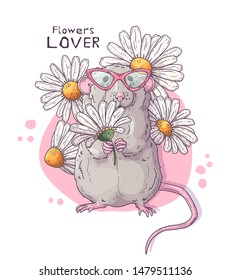 Vector hand drawn illustrations. Cute realistic rat with flowers. Each object can be changed and moved for your design.