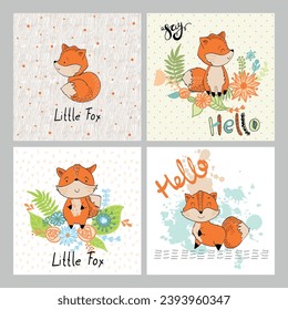 Vector hand drawn illustrations. Cute cartoon foxes.