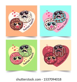 Vector hand drawn illustrations. Donuts with funny masks on greeting card for Valentines Day. Each object can be changed and moved  for your design.