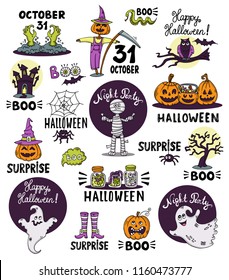 Vector hand drawn illustrations and elements on the theme of Happy Halloween. Isolated design elements, logos, badges, labels, icons and objects on white background
