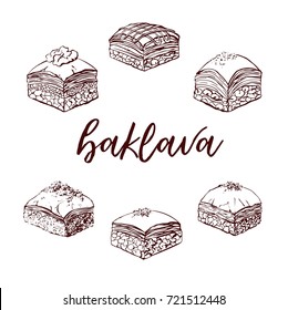 Vector hand drawn illustrations with famous dessert Baklava. Assorted sweets ink drawing isolated on white. Mix of different pastry products for menu, card, flyer or poster design