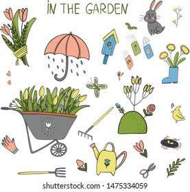 Vector hand drawn illustrations of gardening. Cute garden work hand drawn elements. Garden tools: plants in pots, gloves, shovel, pitchfork, watering can, pruner. Images for gardener farm. Spring time