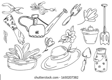 Ilustraciones de jardinería hechas a mano por vectores. Diferentes elementos de doodle para las labores del jardín. Colección estilo boceto de elementos Jardín herramientas, plantas, verduras, frutas y latas de riego. Hora de primavera.