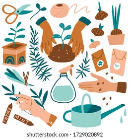 Vector hand drawn illustrations of gardening. Cute garden work elements: tools, seeds, flower pot, watering can. Hands holding young plants. Images for gardener farm, flower store. Spring, summer time