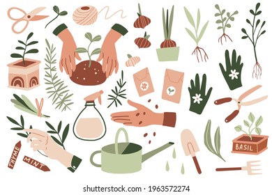 Vector hand drawn illustrations of gardening. Cute garden work elements: tools, seeds, flower pot, watering can. Hands holding young plants. Images for gardener farm, flower store. Spring, summer time