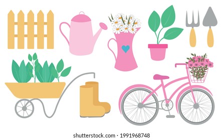 Ilustraciones de jardinería hechas a mano por vectores. Elementos de jardín muy agradables. Herramientas de jardín: plantas en macetas, palas, horquillas, latas de agua, bicicletas.