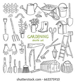 Vector hand drawn illustrations of gardening. Different doodle elements set for garden work