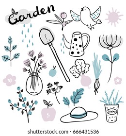 Vector hand drawn illustrations of gardening. Different doodle elements set for garden work. Sketch style collection of Garden elements: tools, plants, vegetables, fruits and watering can. Spring time