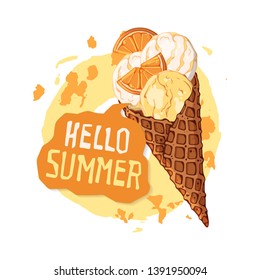 Vector hand drawn illustrations. Ice cream in waffle cones decorated with berries, chocolate or nuts. Lettering: Hello Summer. Isolated objects for your design. Each object can be changed and moved.
