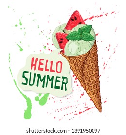 Vector hand drawn illustrations. Ice cream in waffle cones decorated with berries, chocolate or nuts. Lettering: Hello Summer. Isolated objects for your design. Each object can be changed and moved.