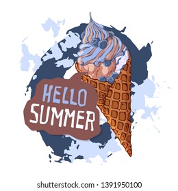 Vector hand drawn illustrations. Ice cream in waffle cones decorated with berries, chocolate or nuts. Lettering: Hello Summer. Isolated objects for your design. Each object can be changed and moved.