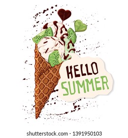 Vector hand drawn illustrations. Ice cream in waffle cones decorated with berries, chocolate or nuts. Lettering: Hello Summer. Isolated objects for your design. Each object can be changed and moved.