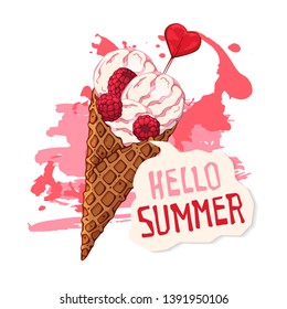 Vector hand drawn illustrations. Ice cream in waffle cones decorated with berries, chocolate or nuts. Lettering: Hello Summer. Isolated objects for your design. Each object can be changed and moved.