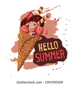 Vector hand drawn illustrations. Ice cream in waffle cones decorated with berries, chocolate or nuts. Lettering: Hello Summer. Isolated objects for your design. Each object can be changed and moved.