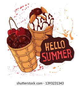 Vector hand drawn illustrations. Ice cream in waffle cones decorated with berries, chocolate or nuts. Lettering: Hello Summer. Isolated objects for your design. Each object can be changed and moved.