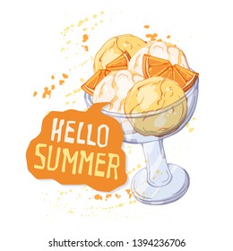 Vector hand drawn illustrations. Ice cream in bowl. Lettering: Hello Summer. Isolated objects for your design. Each object can be changed and moved.