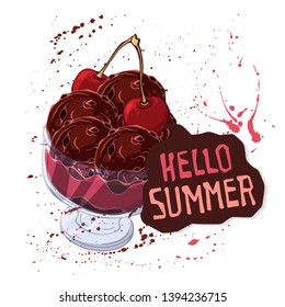 Vector hand drawn illustrations. Ice cream in bowl. Lettering: Hello Summer. Isolated objects for your design. Each object can be changed and moved.